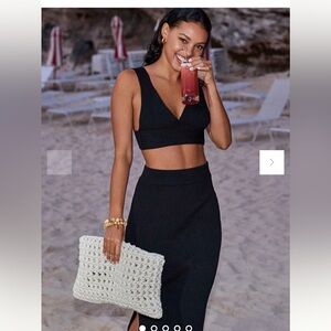 Anthropologie Black Ribbed Knit Side Slit Skirt Set Size XS